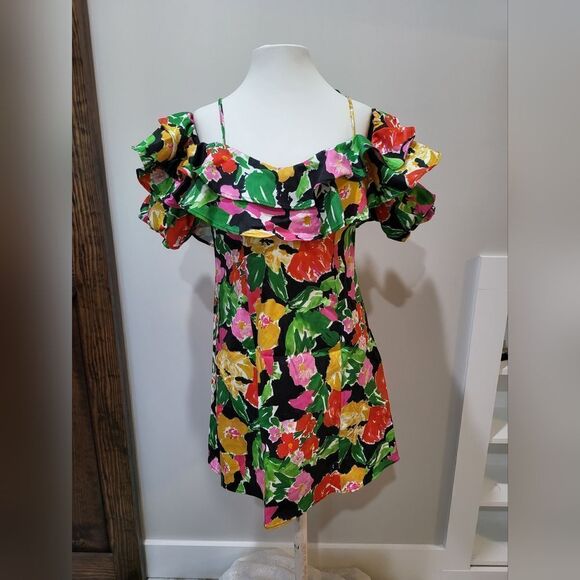 Topshop bold floral ruffle bardot mini dress in multi NWOT size 8 Tropical - Picture 3 of 5